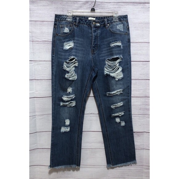 Women’s Easel Destroyed Jeans Sz Large EUC Waist 34” Inseam 27” Raw Hem Cropped - Picture 1 of 9